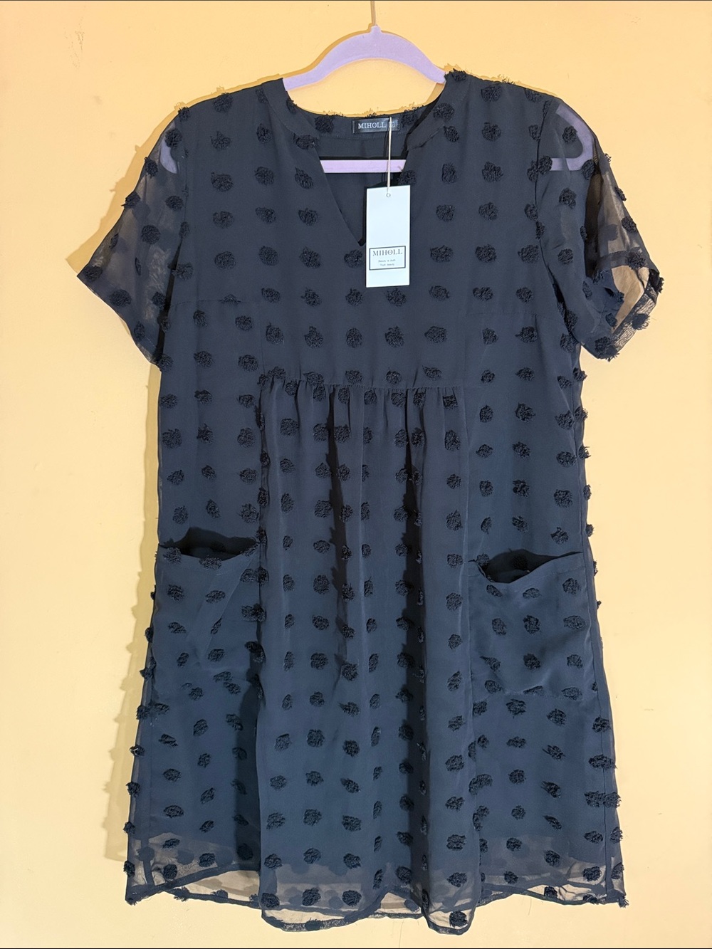MIHOLL Black Swiss Dot Chiffon Mini Dress with Pockets Size S